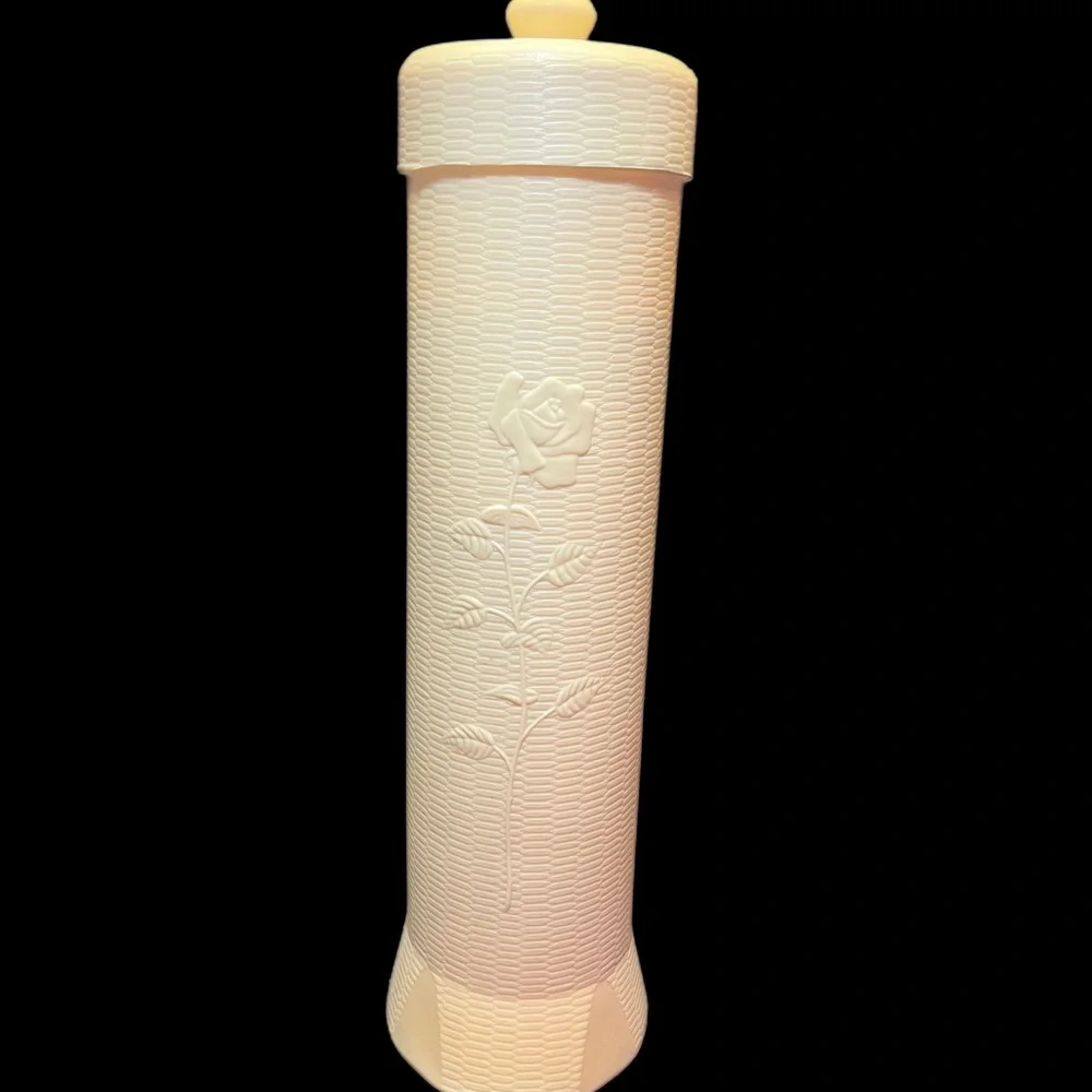 Vintage Tall Plastic Paper Holder Canister w Lid Roses 60’s-70’s